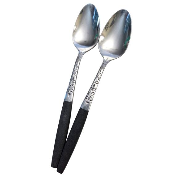 Lot 2 Vintage Interpur Stainless Japan Teaspoon Silverware Flatware Black Swirl - Picture 1 of 6